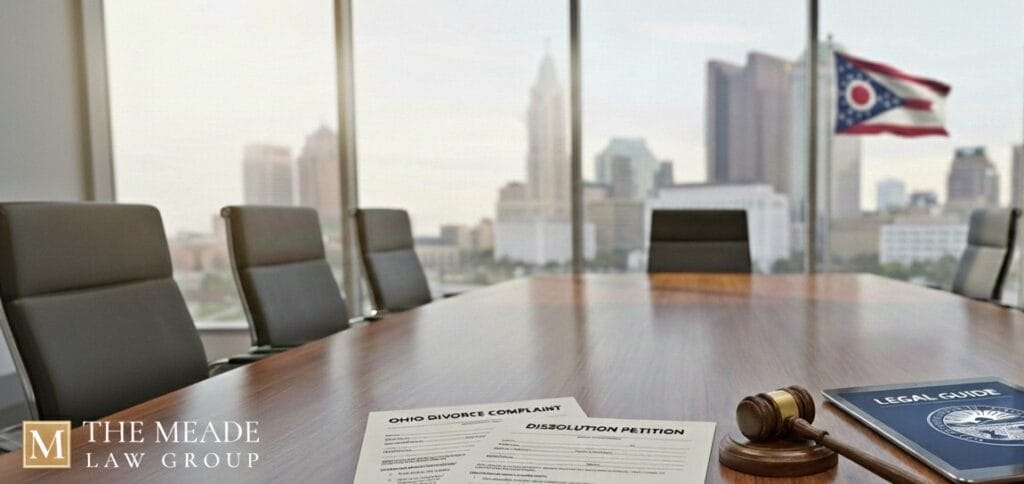 Legal documents for Ohio divorce and dissolution on a courtroom table, representing the procedural requirements for ending a marriage.