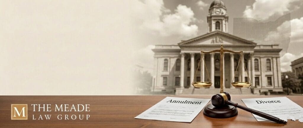 A professional law office desk with a calculator and notebook, representing the strategic evaluation of legal differences and financial eligibility for annulment versus divorce in Ohio.
