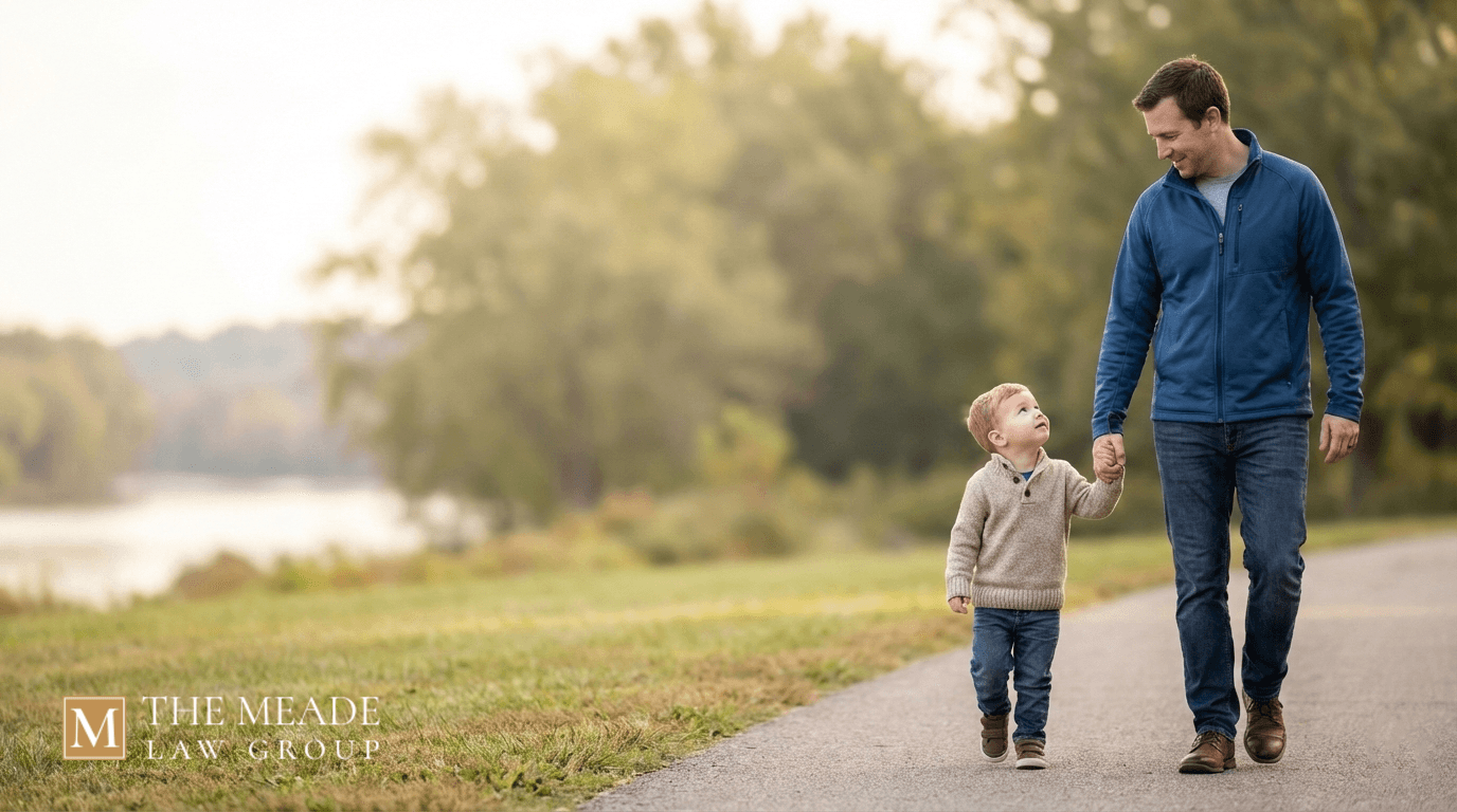 Father and young child walking together in a park, representing parental rights and custody for unmarried parents in Ohio.