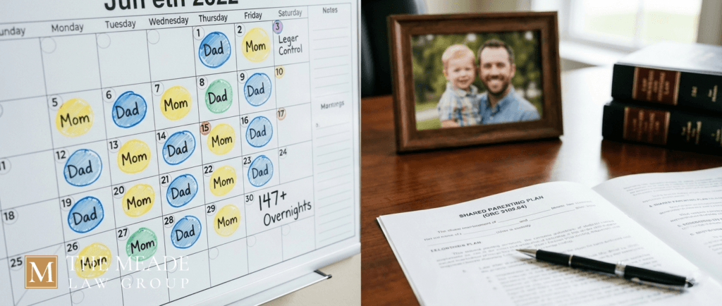 Professional law office desk with a calculator and notebook, representing the strategic calculation of parenting time overnights and the evaluation of statutory factors for fathers' rights in Ohio.