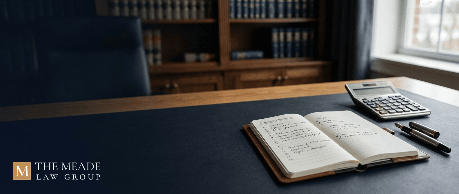 Professional legal desk with a calculator and a handwritten checklist representing the 14 statutory factors used to calculate spousal support and alimony in Ohio.