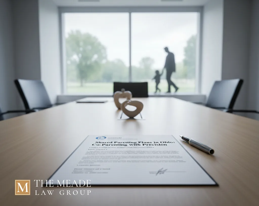 Law office table with a signed Shared Parenting Plan in Ohio document, a pen, and a blurred background showing a parent and child silhouette through a window.