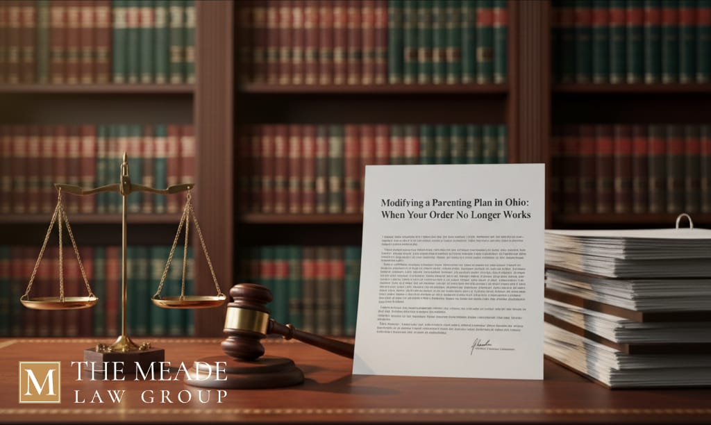 Legal modification of parenting plan Ohio documents on a desk with a judge's gavel, scales of justice, and law books in the background.