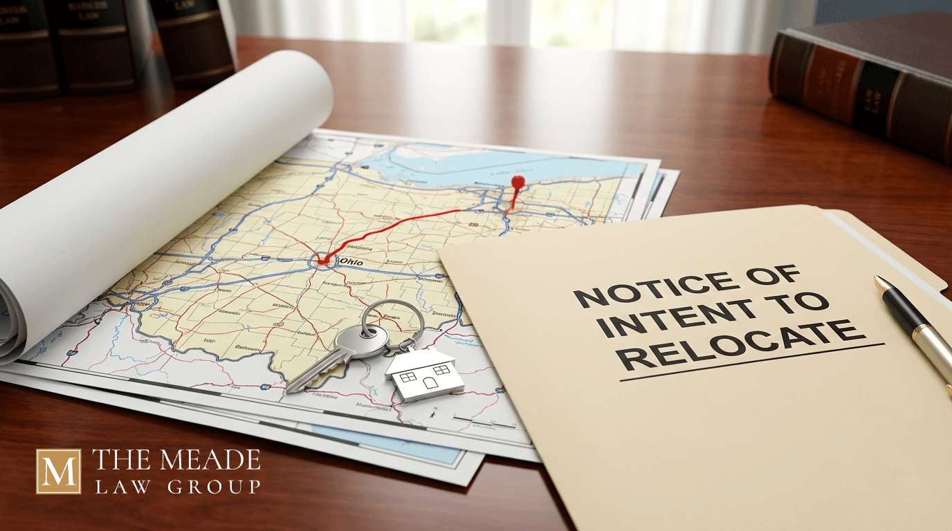 Legal documents and a magnifying glass on a wooden desk, symbolizing the court's review process in an Ohio child custody relocation case.