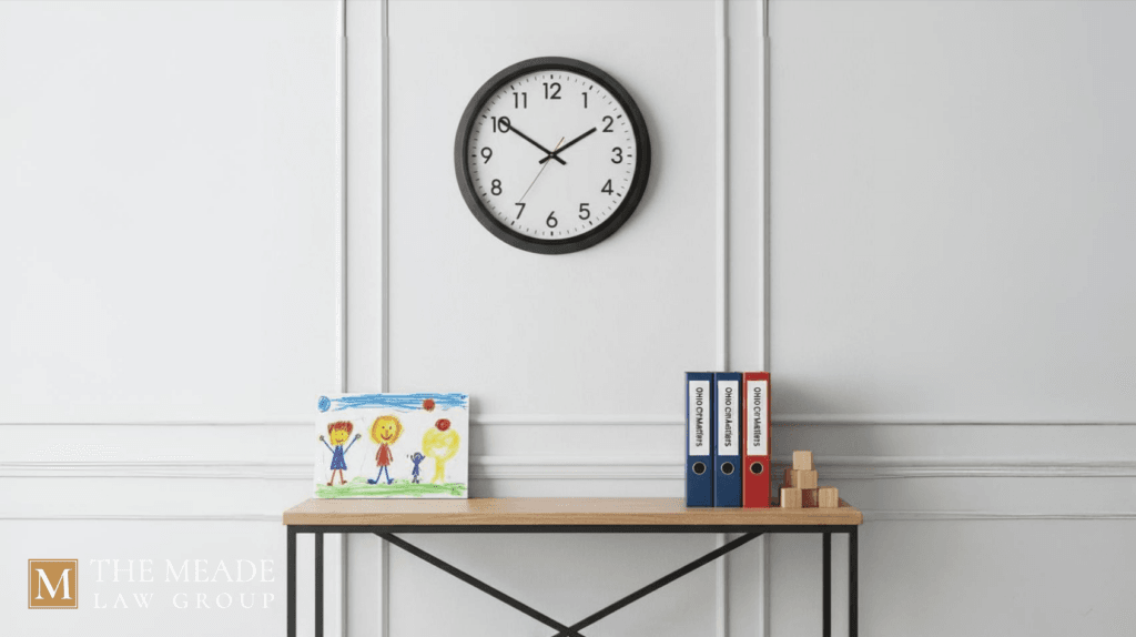 A professional setting featuring a modern wall clock and legal folders, symbolizing the timing and strategic filing for child support modification in Ohio.