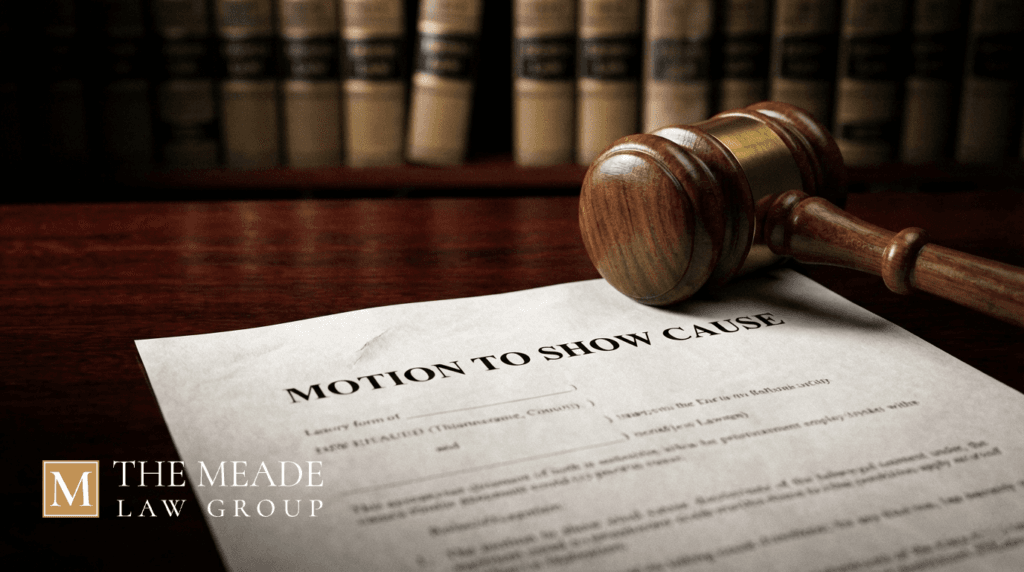 A wooden gavel resting on an official Motion to Show Cause document, representing the legal consequences and enforcement of court orders in Ohio.