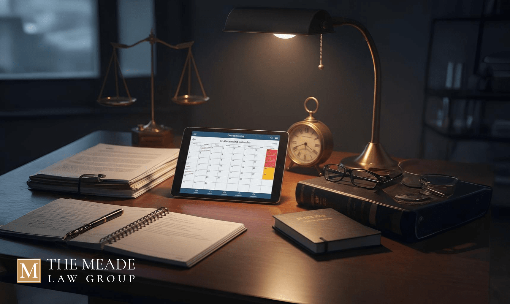 Professional legal desk with a smartphone showing a co-parenting calendar, legal documents, and a gavel, representing custody agreement enforcement in Ohio.