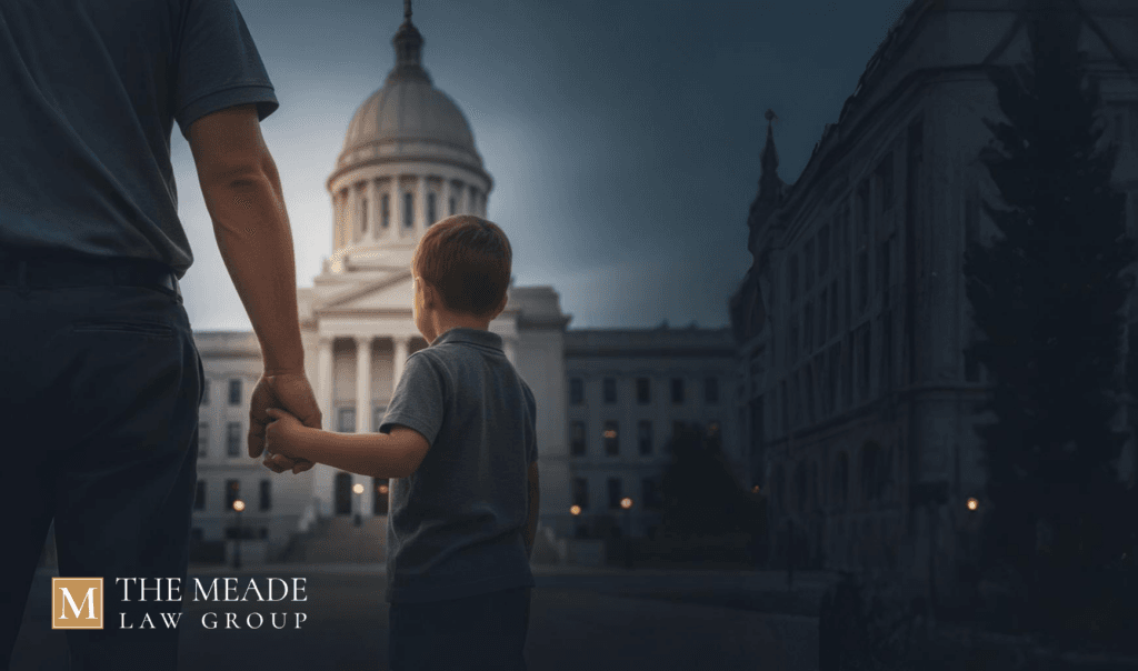 A supportive parent holding a child's hand in a protective gesture with a blurred Ohio courthouse in the background, symbolizing emergency child custody protection and legal safety.