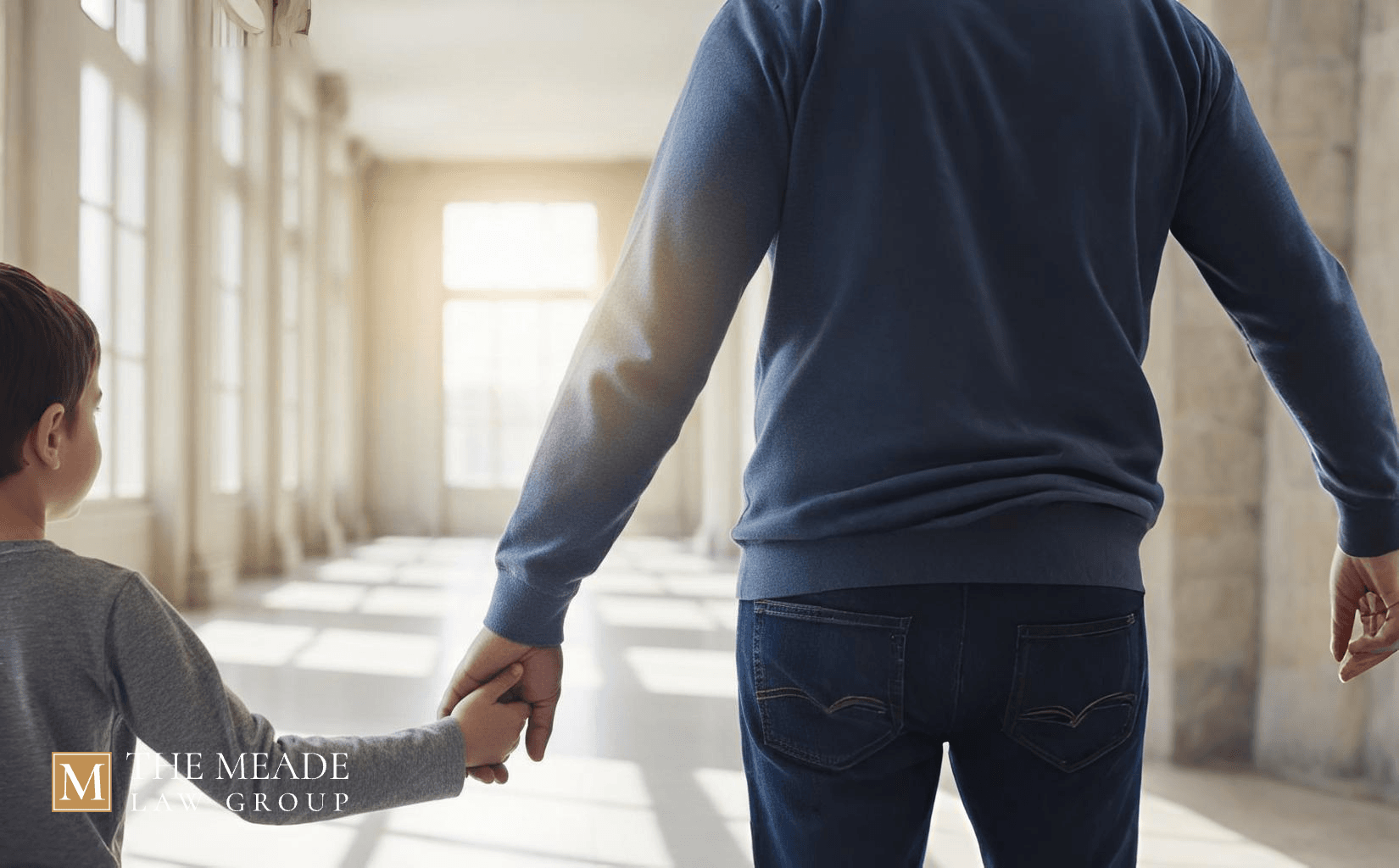 A father and child walking together in a bright, professional hallway, symbolizing the protection of parental rights and the bond between parent and child during Ohio custody cases.