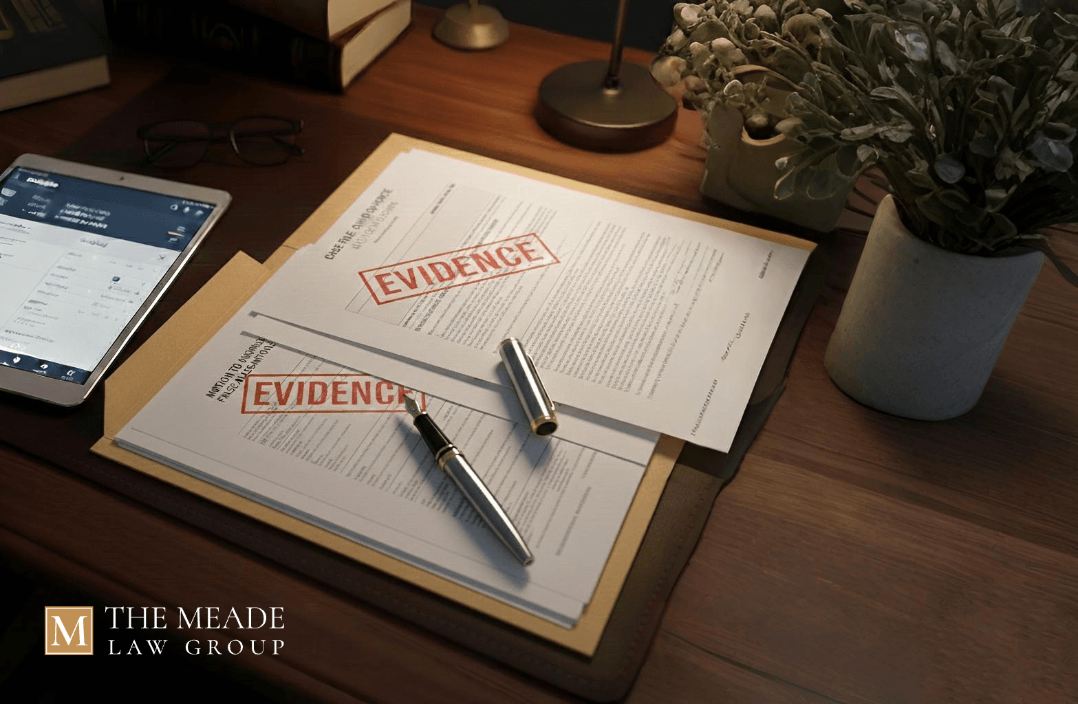 Legal documents for an Ohio divorce case showing a motion to dismiss false allegations on a law office desk with a fountain pen and tablet.