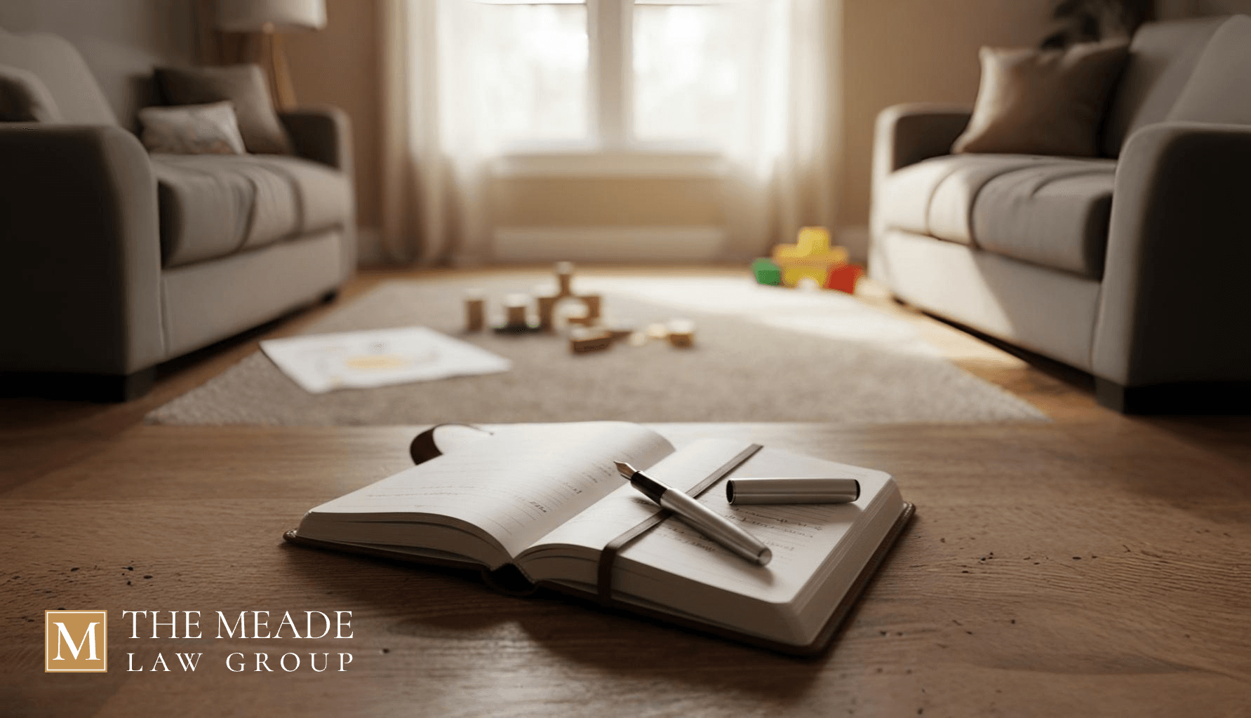 A professional leather notebook and pen on a wooden table with blurred children's toys in the background, representing a Guardian ad Litem's home visit and investigation in Ohio.