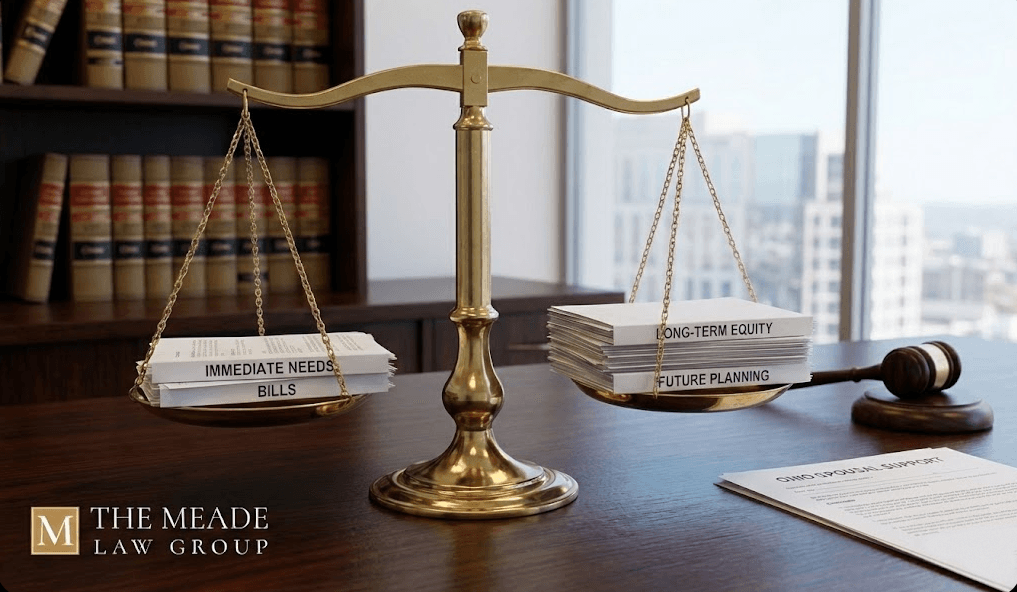 Golden scales of justice on a wooden desk balancing documents labeled Immediate Needs and Bills against Long-Term Equity and Future Planning, illustrating the difference between temporary and permanent spousal support in Ohio alongside a gavel and legal paperwork.