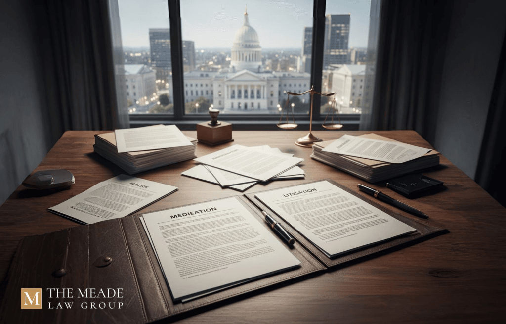 Strategic legal preparation desk with documents labeled Mediation and Litigation, representing child interests and trial readiness in an Ohio divorce case with a city view.
