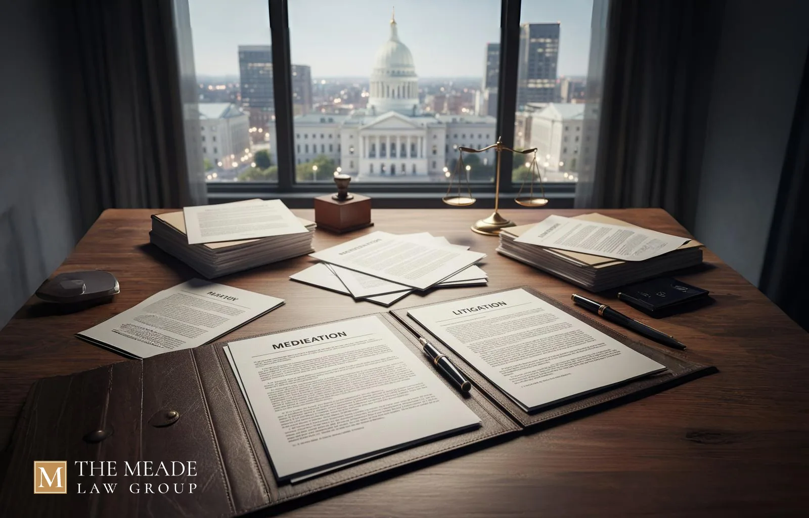 Strategic legal preparation desk with documents labeled Mediation and Litigation, representing child interests and trial readiness in an Ohio divorce case with a city view.