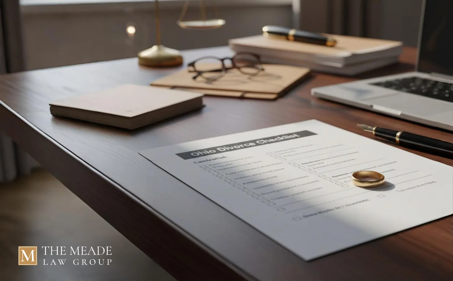 Ohio divorce checklist documents on a desk with a wedding ring and pen, representing child interests and asset protection preparation.