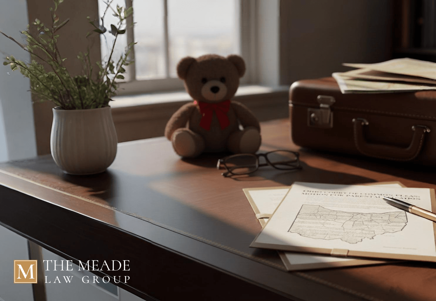 Legal documents representing child interests in an Ohio parental relocation case with a teddy bear and suitcase on a lawyer's desk.