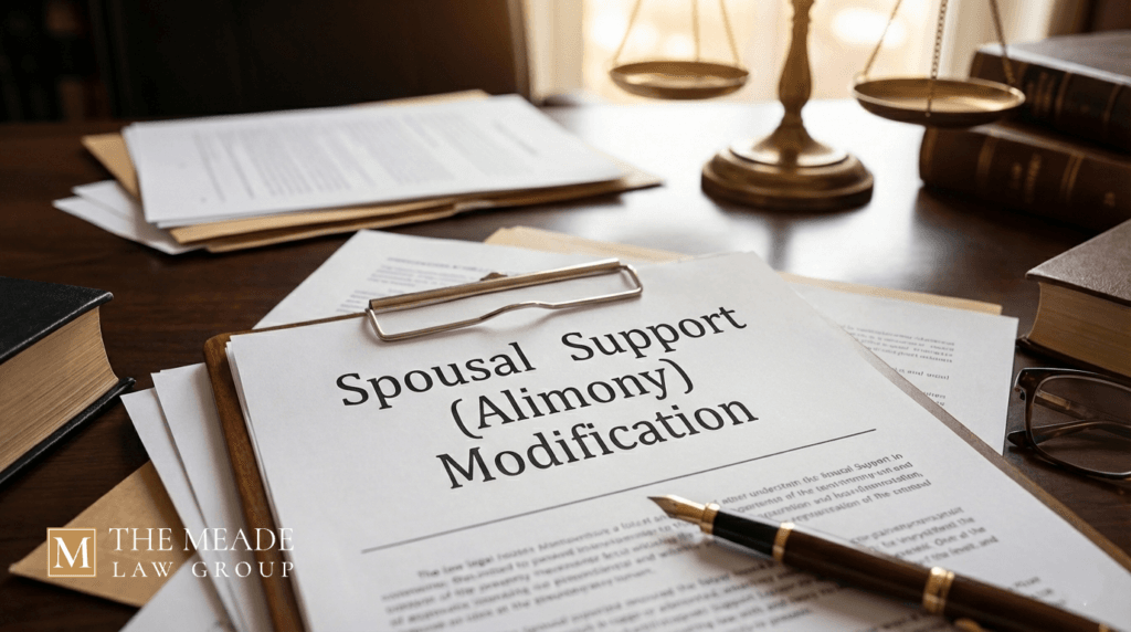Legal document titled "Spousal Support (Alimony) Modification" on a law office desk with scales of justice, representing Ohio alimony modification laws.