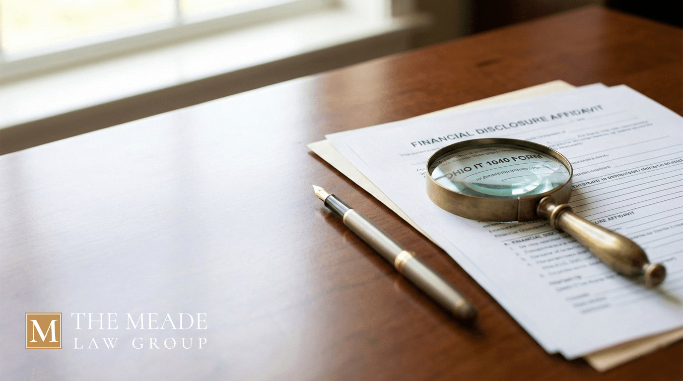 Magnifying glass examining a Financial Disclosure Affidavit and Ohio tax forms on a legal desk to investigate financial dishonesty in a divorce case.
