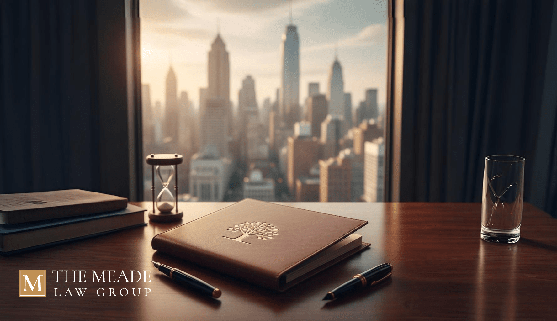 A professional legal folder and fountain pen on a desk in a high-rise office overlooking an Ohio city skyline, representing the legal finalization of a step-parent adoption.