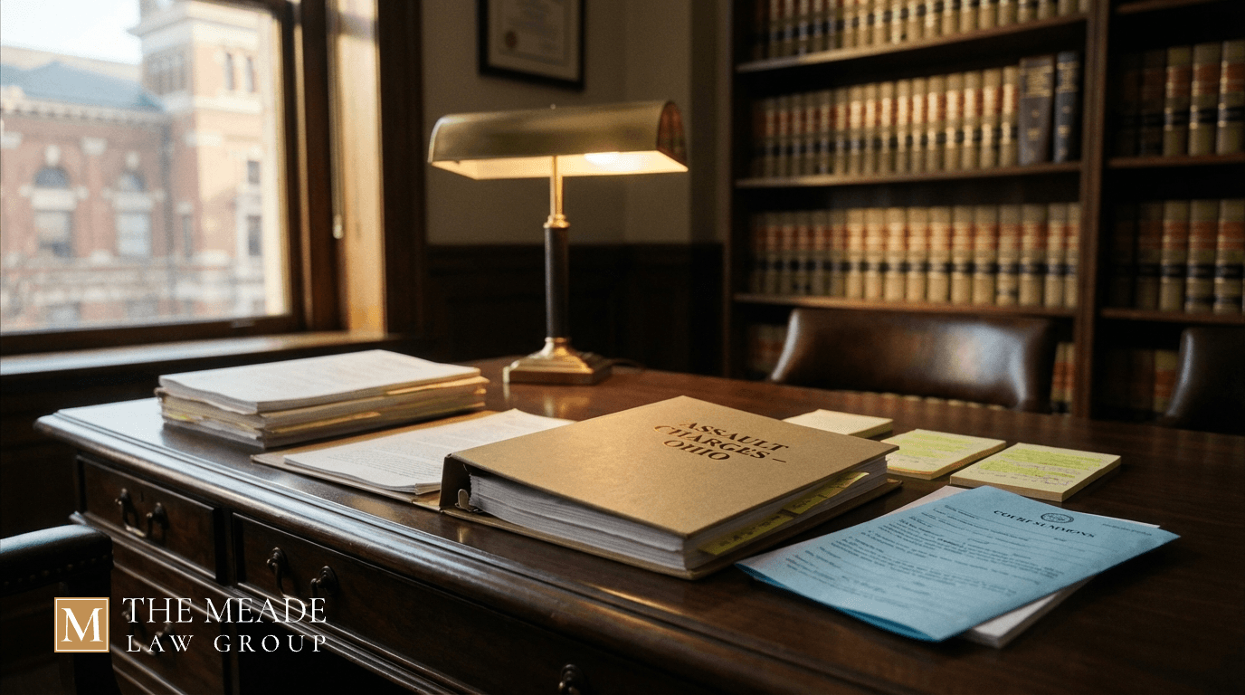 Legal binder on a wooden desk labeled “Assault Charges - Ohio,” with papers and a court notice, in a cinematic law office with soft daylight and blurred bookshelves, conveying professional legal preparation.