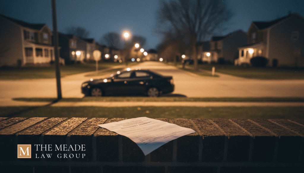 Disorderly conduct citation resting on a brick wall in a quiet Ohio neighborhood at night, symbolizing the aftermath of a minor criminal charge.