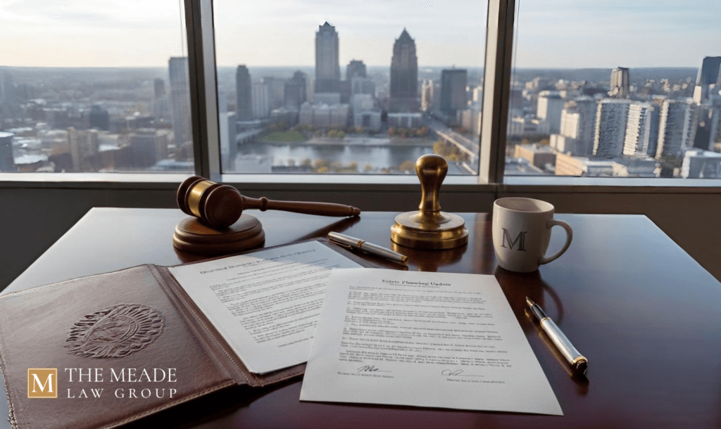 A leather-bound legal folder and documents titled Grey Divorce and Estate Planning Updates on a wooden desk, accompanied by a gold judge’s gavel, an official seal, and a Meade Law Group mug against a Columbus, Ohio skyline background.