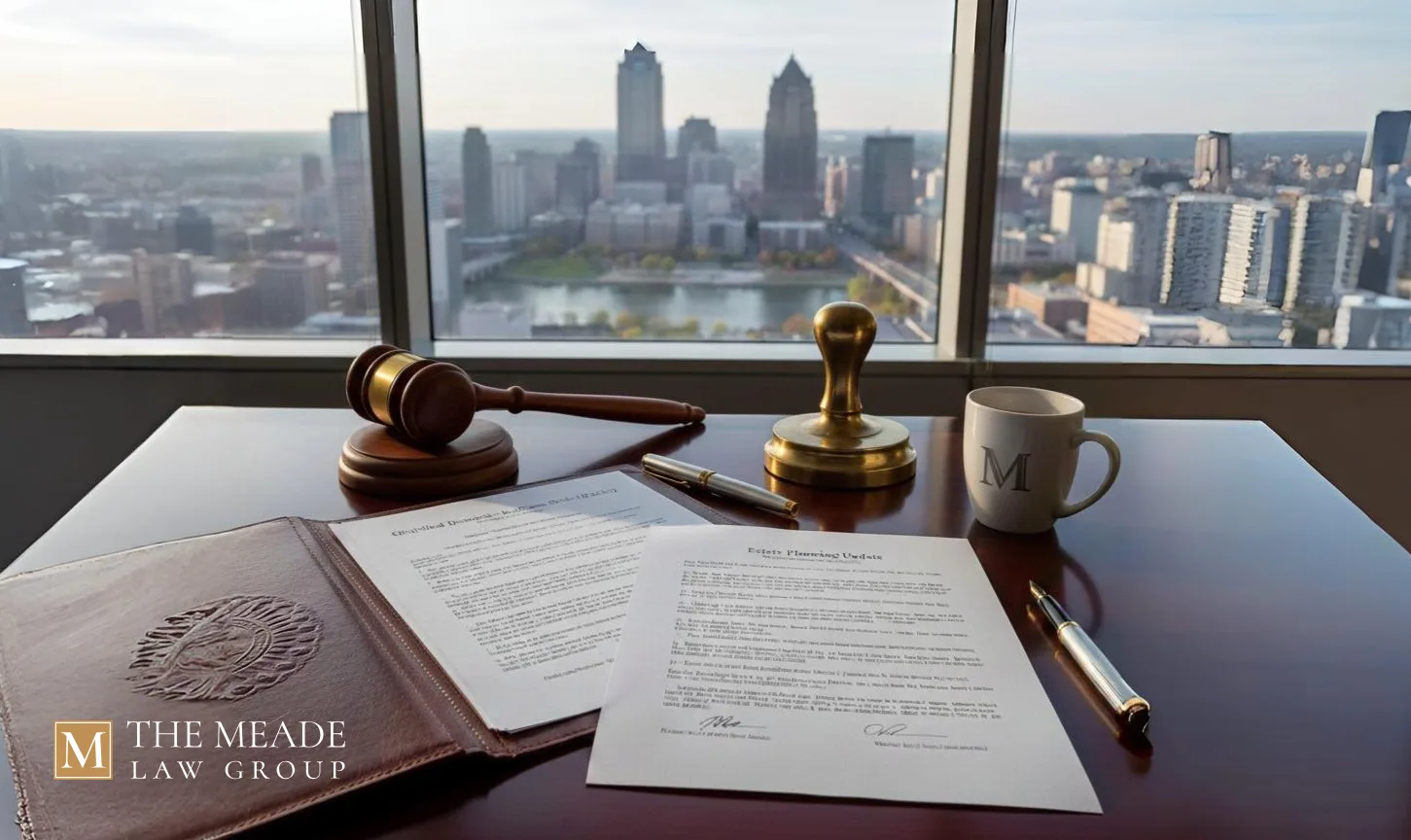 A leather-bound legal folder and documents titled Grey Divorce and Estate Planning Updates on a wooden desk, accompanied by a gold judge’s gavel, an official seal, and a Meade Law Group mug against a Columbus, Ohio skyline background.