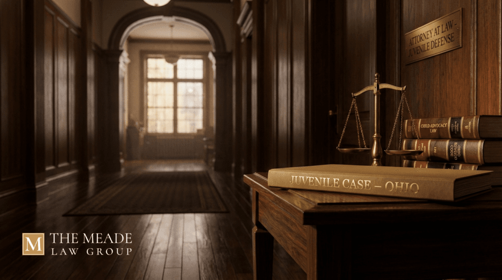 Juvenile defense case file on a law office corridor table in Ohio, symbolizing legal guidance, protection, and a child’s future in the juvenile justice system.
