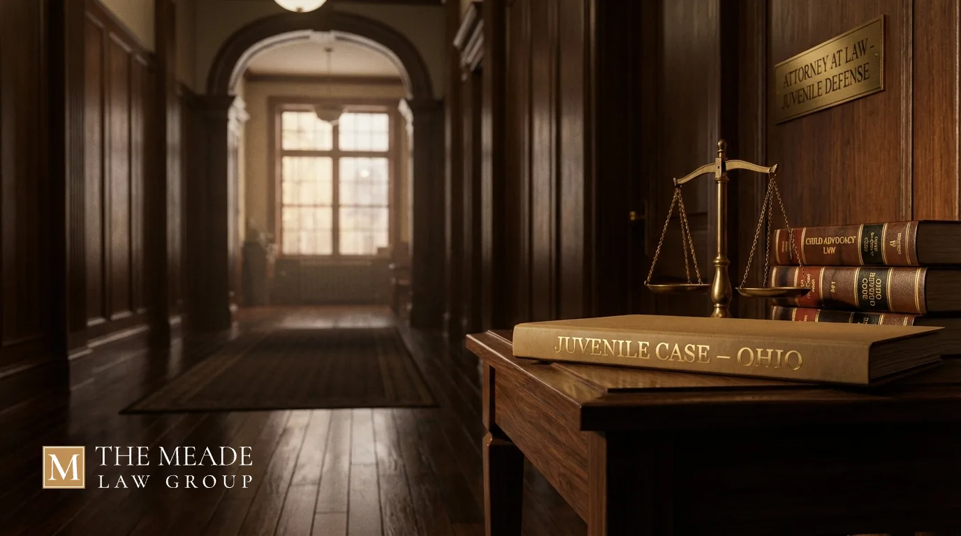 Juvenile defense case file on a law office corridor table in Ohio, symbolizing legal guidance, protection, and a child’s future in the juvenile justice system.