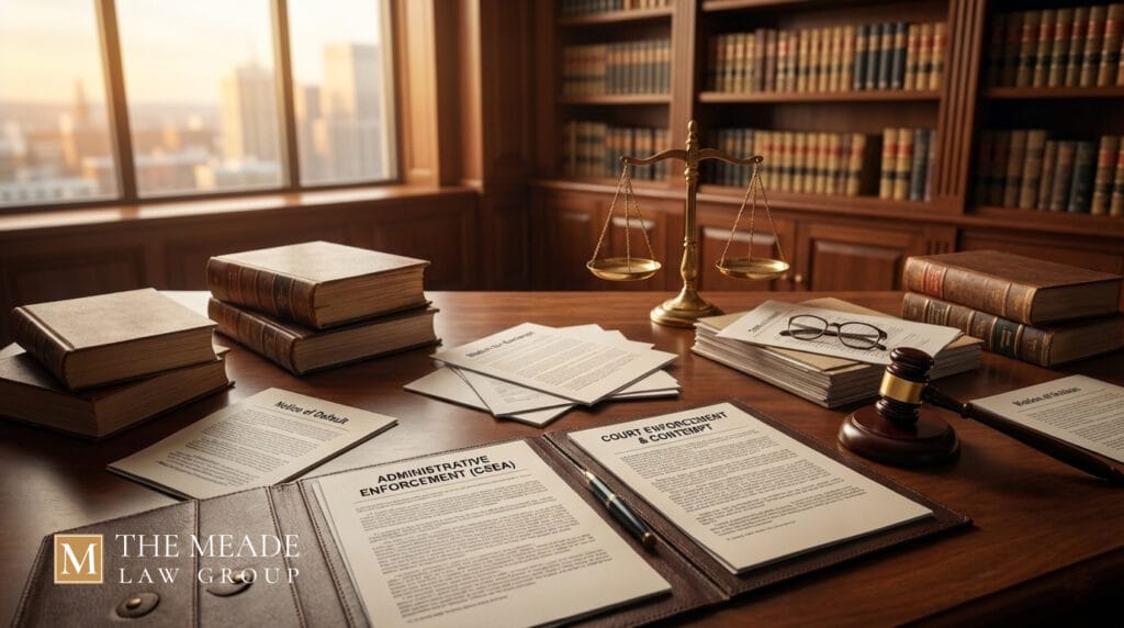 Lawyer's desk featuring case files comparing CSEA Administrative Enforcement and Court Contempt proceedings for Ohio child support, surrounded by law books, a gavel, and scales of justice.
