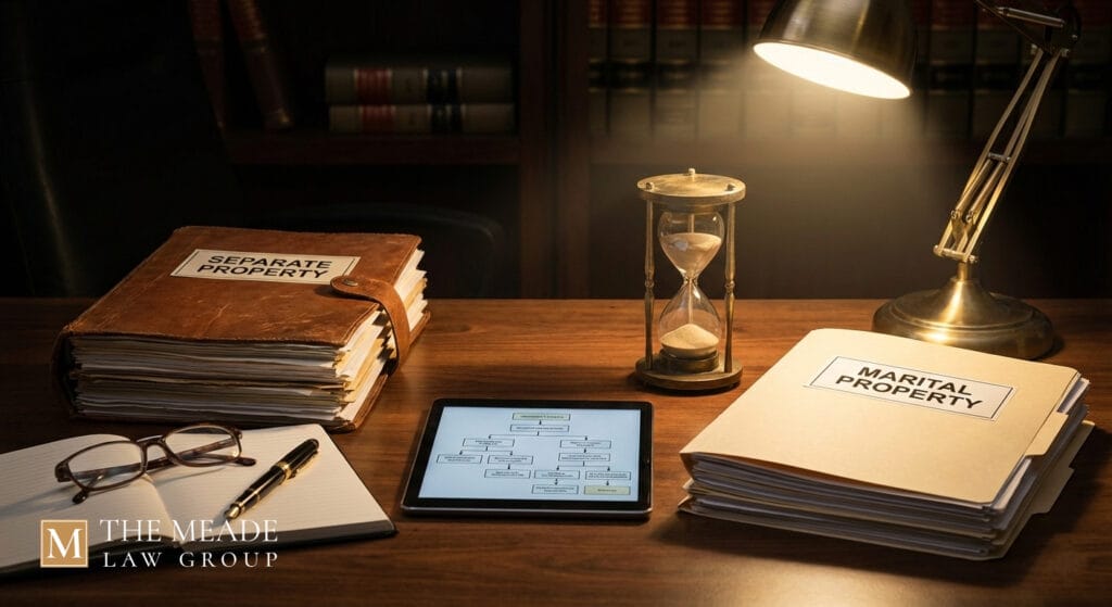 Lawyer's desk illustrating asset protection in Ohio divorce, featuring distinct folders labeled 'Marital Property' and 'Separate Property,' an hourglass, and a tablet showing financial tracing charts under warm lamp lighting.