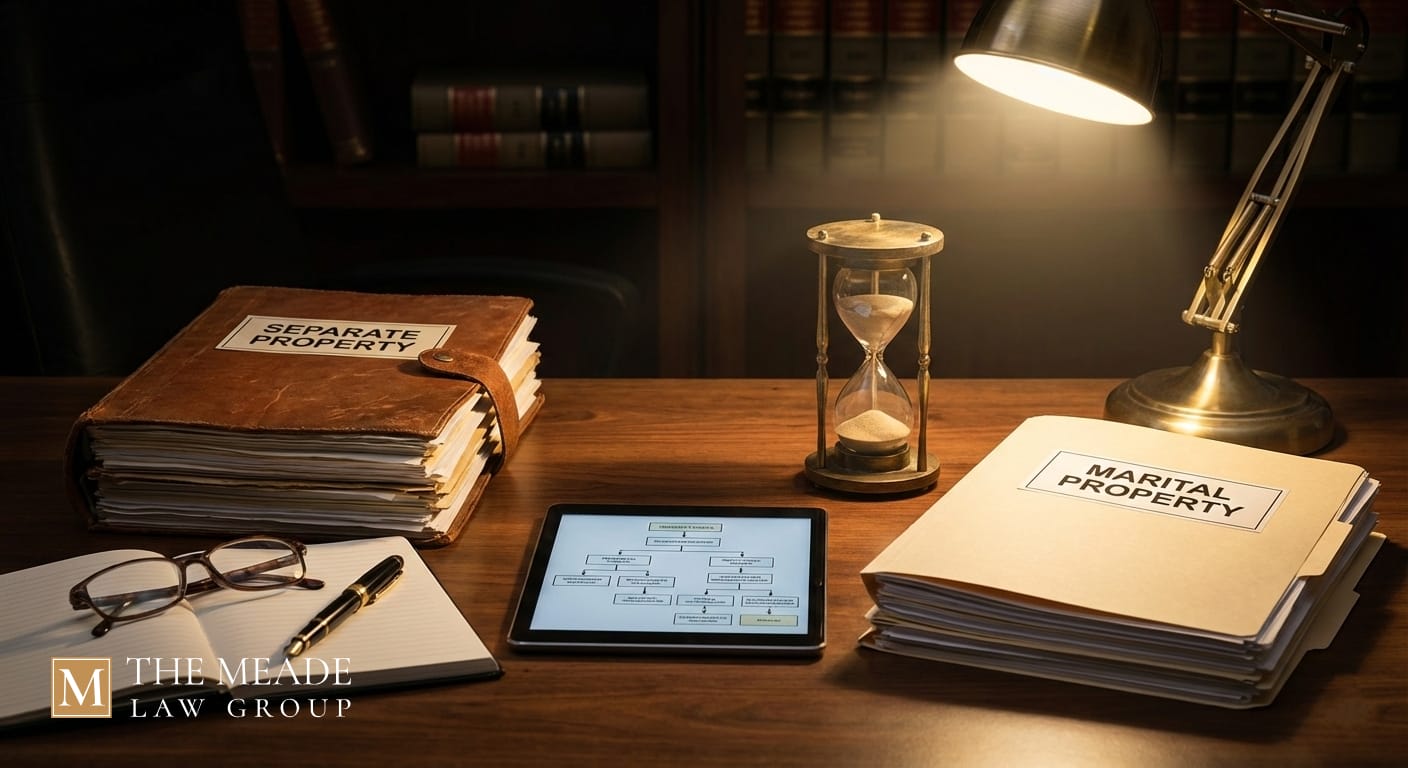 Lawyer's desk illustrating asset protection in Ohio divorce, featuring distinct folders labeled 'Marital Property' and 'Separate Property,' an hourglass, and a tablet showing financial tracing charts under warm lamp lighting.