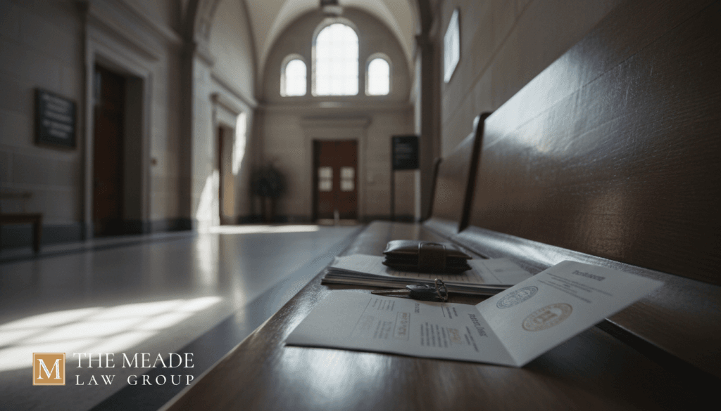 Probation violation notice resting on a courthouse bench with personal items nearby, symbolizing an upcoming Ohio probation violation hearing.