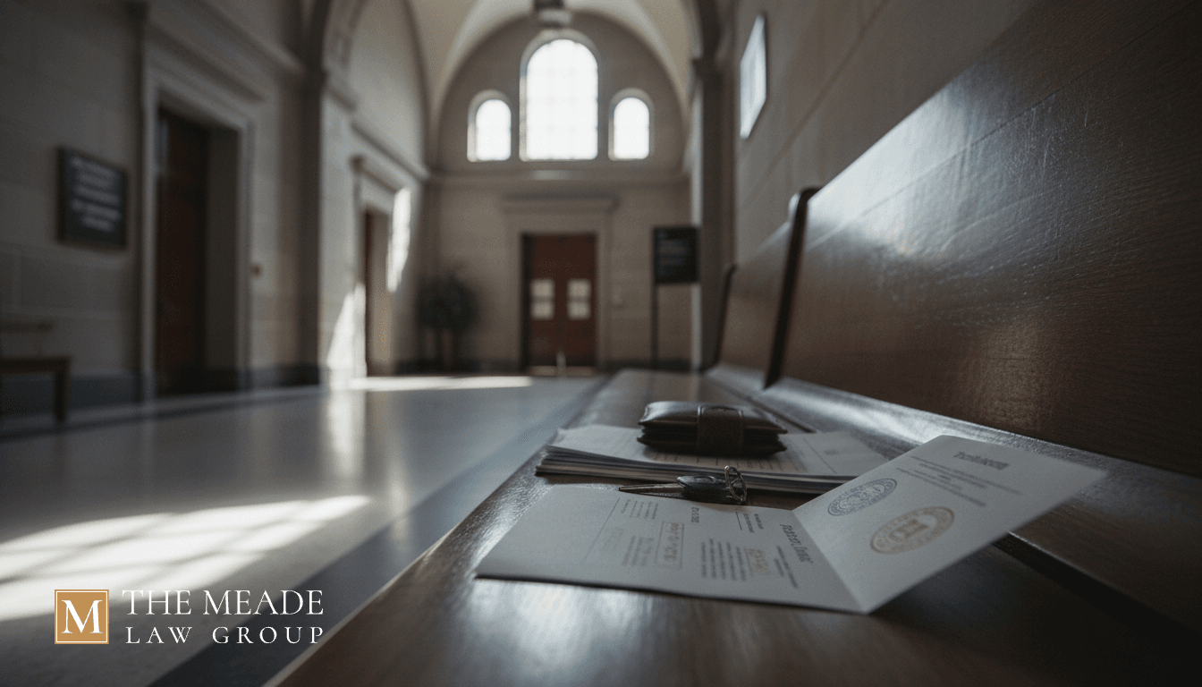 Probation violation notice resting on a courthouse bench with personal items nearby, symbolizing an upcoming Ohio probation violation hearing.