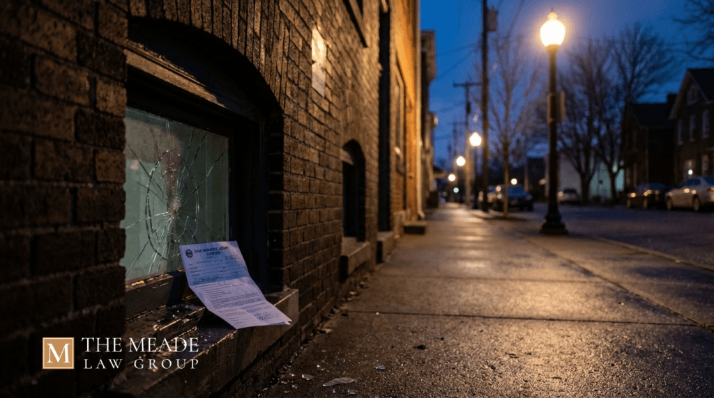 Damaged property with a court notice in a quiet Ohio street setting, symbolizing vandalism charges and legal consequences.