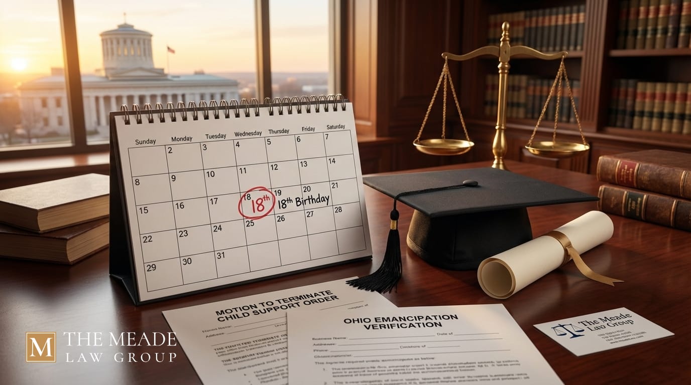 Lawyer's desk featuring a calendar marked '18th Birthday' next to a graduation cap and diploma, representing Ohio child support termination requirements, with 'Motion to Terminate' legal forms and the Ohio Statehouse in the background.