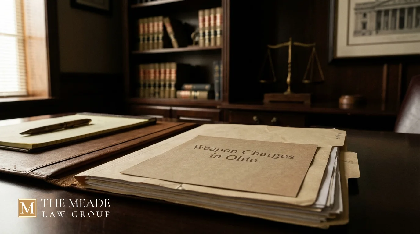 Legal case file labeled "Weapon Charges in Ohio" on a lawyer's desk, representing firearm laws, penalties, and defense strategies in Ohio