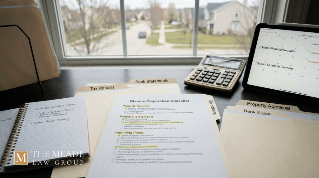Divorce preparation checklist with financial documents, property records, and parenting schedule notes organized on a suburban home office desk.