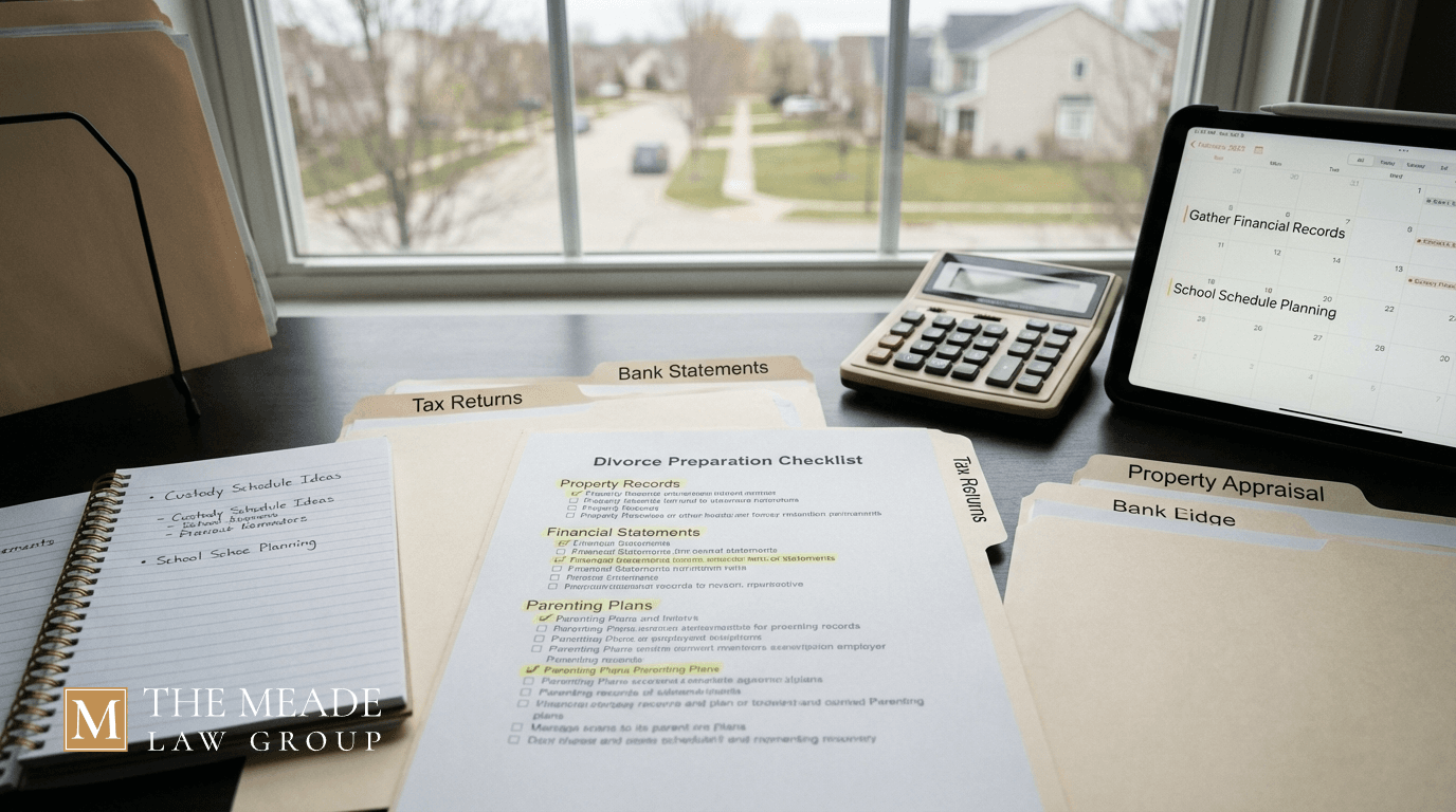 Divorce preparation checklist with financial documents, property records, and parenting schedule notes organized on a suburban home office desk.
