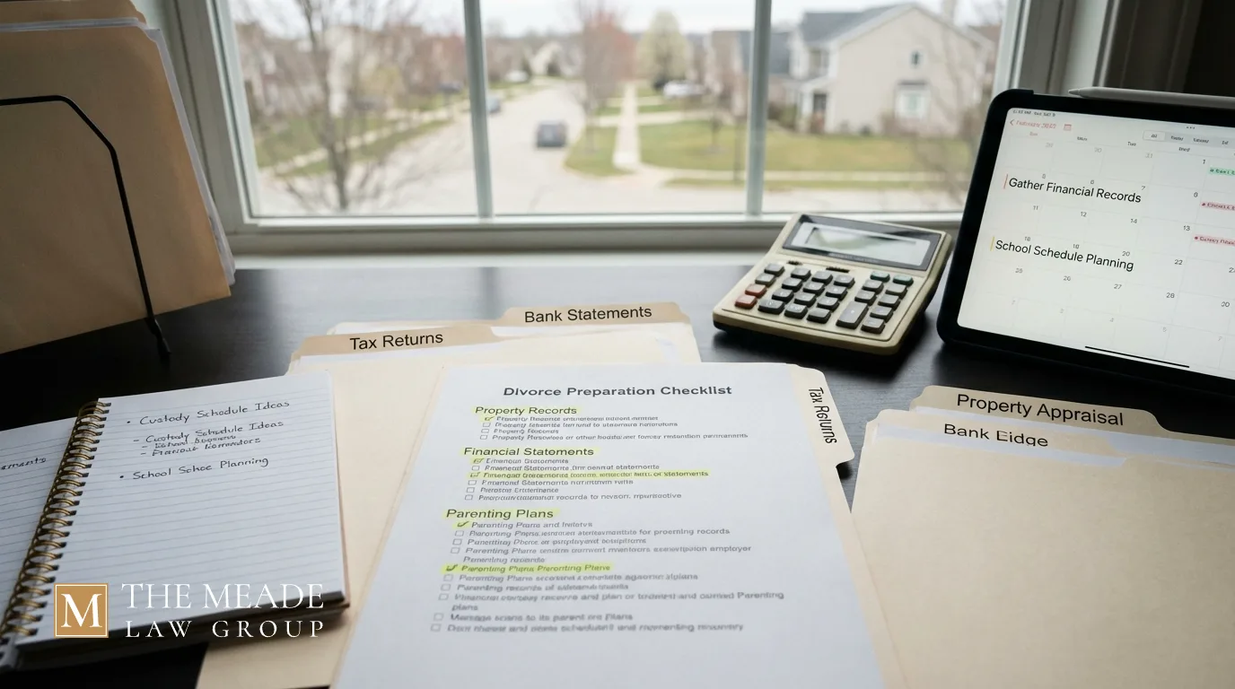 Divorce preparation checklist with financial documents, property records, and parenting schedule notes organized on a suburban home office desk.