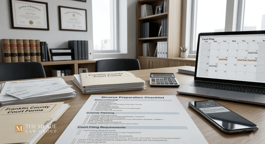 Organized divorce preparation checklist with financial records, court forms, and calendar on a law office desk representing pre-filing divorce planning.