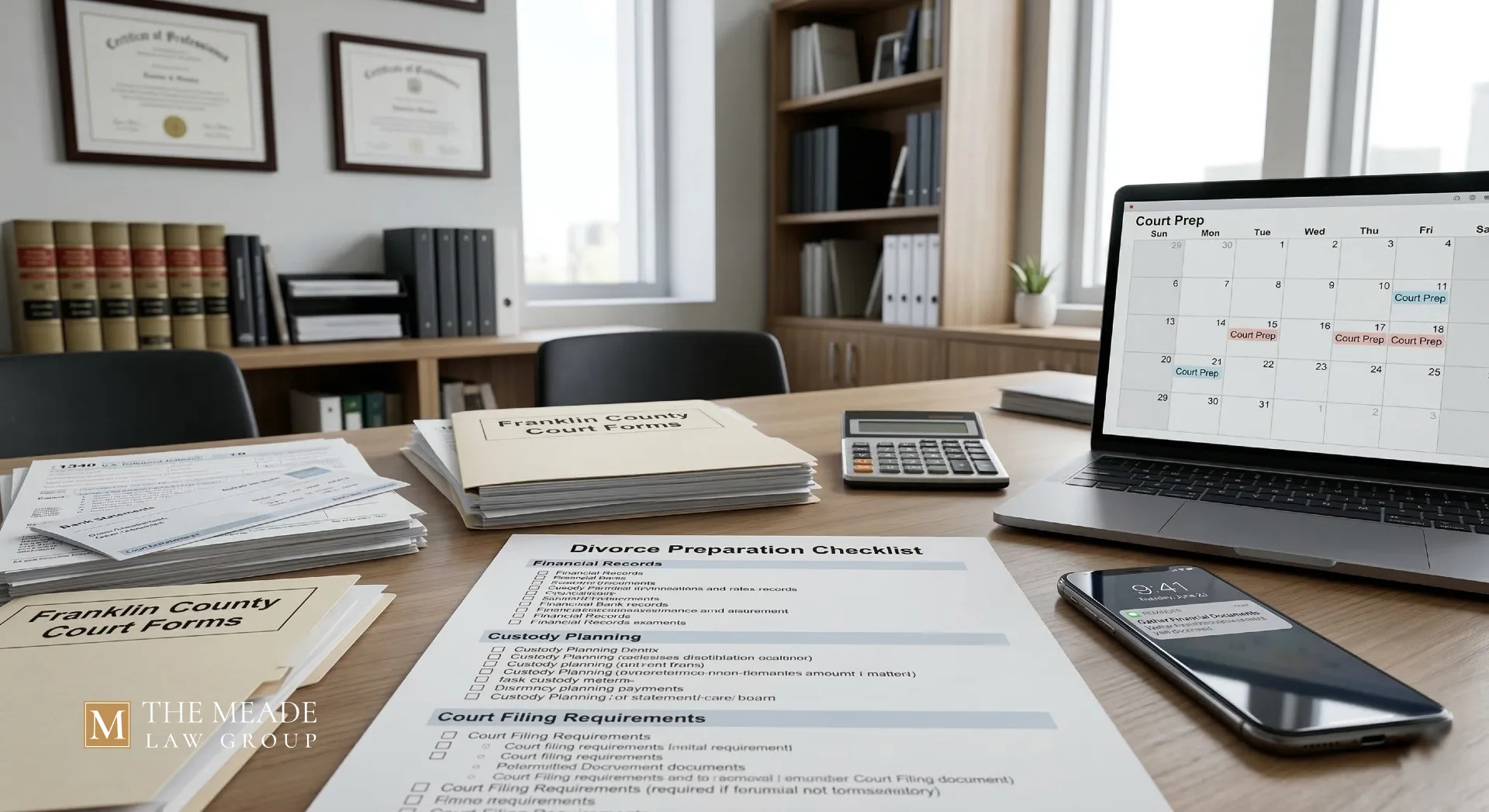 Organized divorce preparation checklist with financial records, court forms, and calendar on a law office desk representing pre-filing divorce planning.
