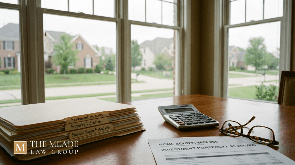 Retirement account statements, home equity documents, and spousal support analysis on table inside Delaware County suburban home, representing grey divorce asset division in Ohio.