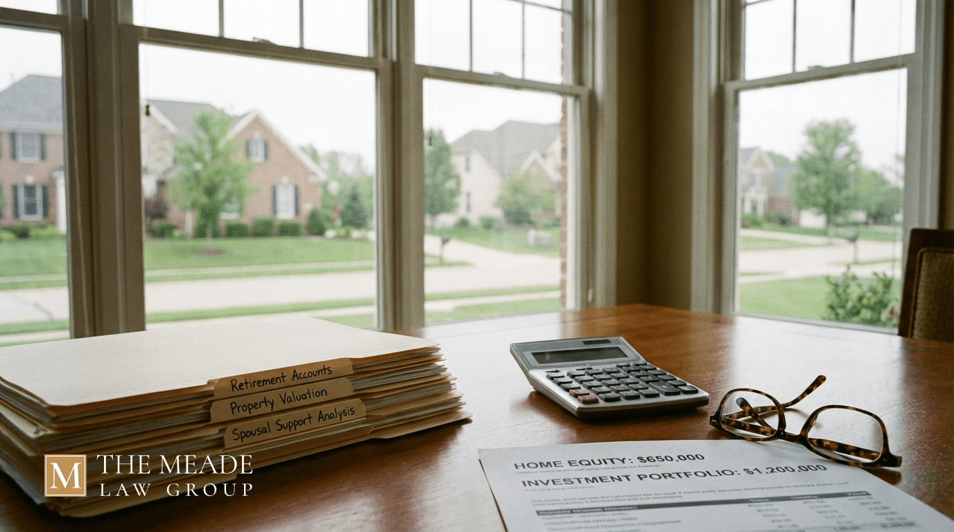 Retirement account statements, home equity documents, and spousal support analysis on table inside Delaware County suburban home, representing grey divorce asset division in Ohio.