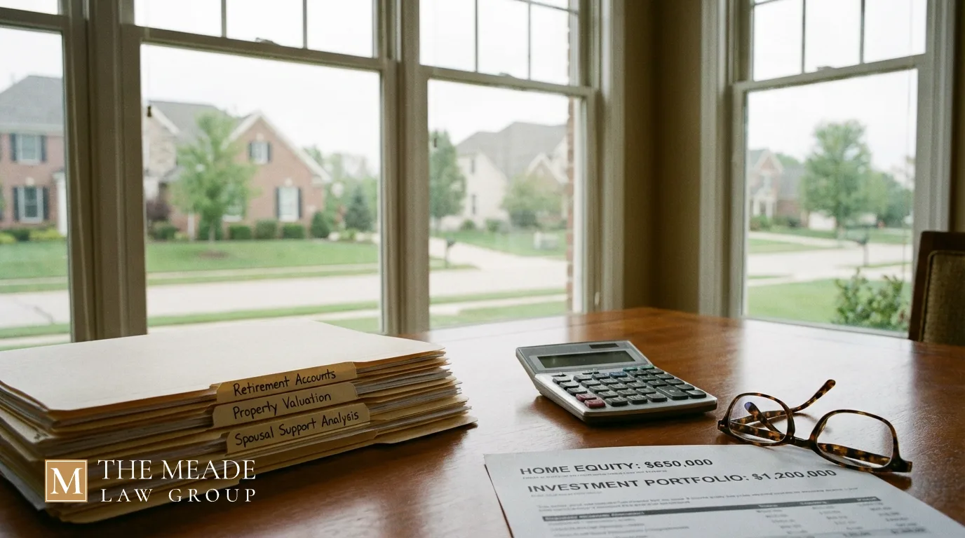 Retirement account statements, home equity documents, and spousal support analysis on table inside Delaware County suburban home, representing grey divorce asset division in Ohio.