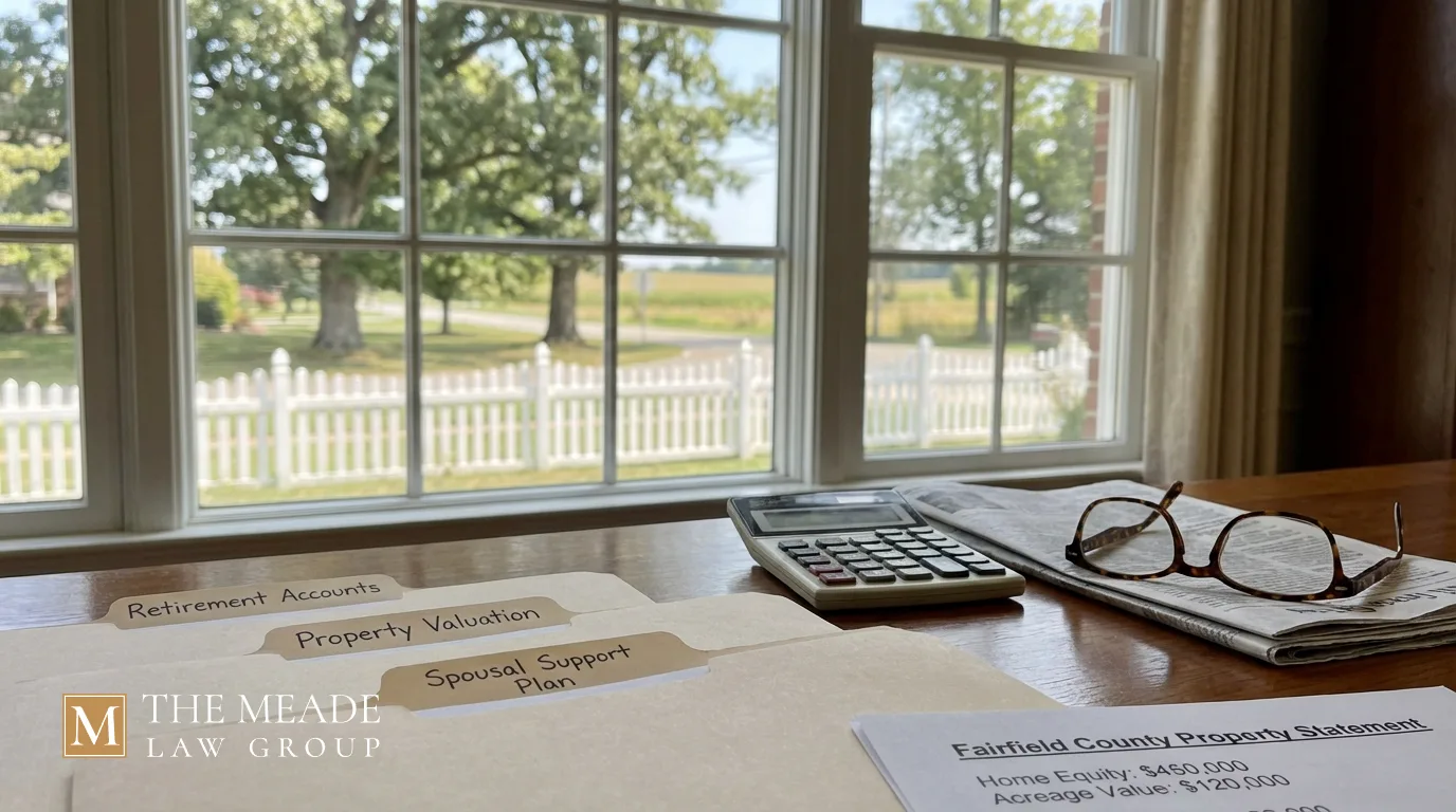Financial documents, calculator, and reading glasses on a table in a Fairfield County, Ohio home, representing retirement accounts, property valuation, and spousal support planning for a grey divorce