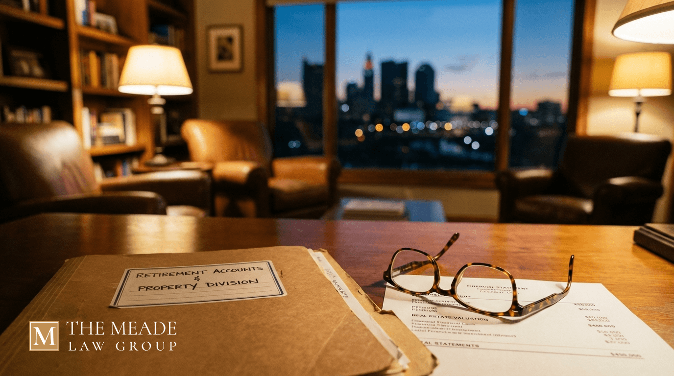 Retirement account statements and property division documents on table inside Columbus home with downtown skyline visible, symbolizing grey divorce asset division in Franklin County, Ohio.
