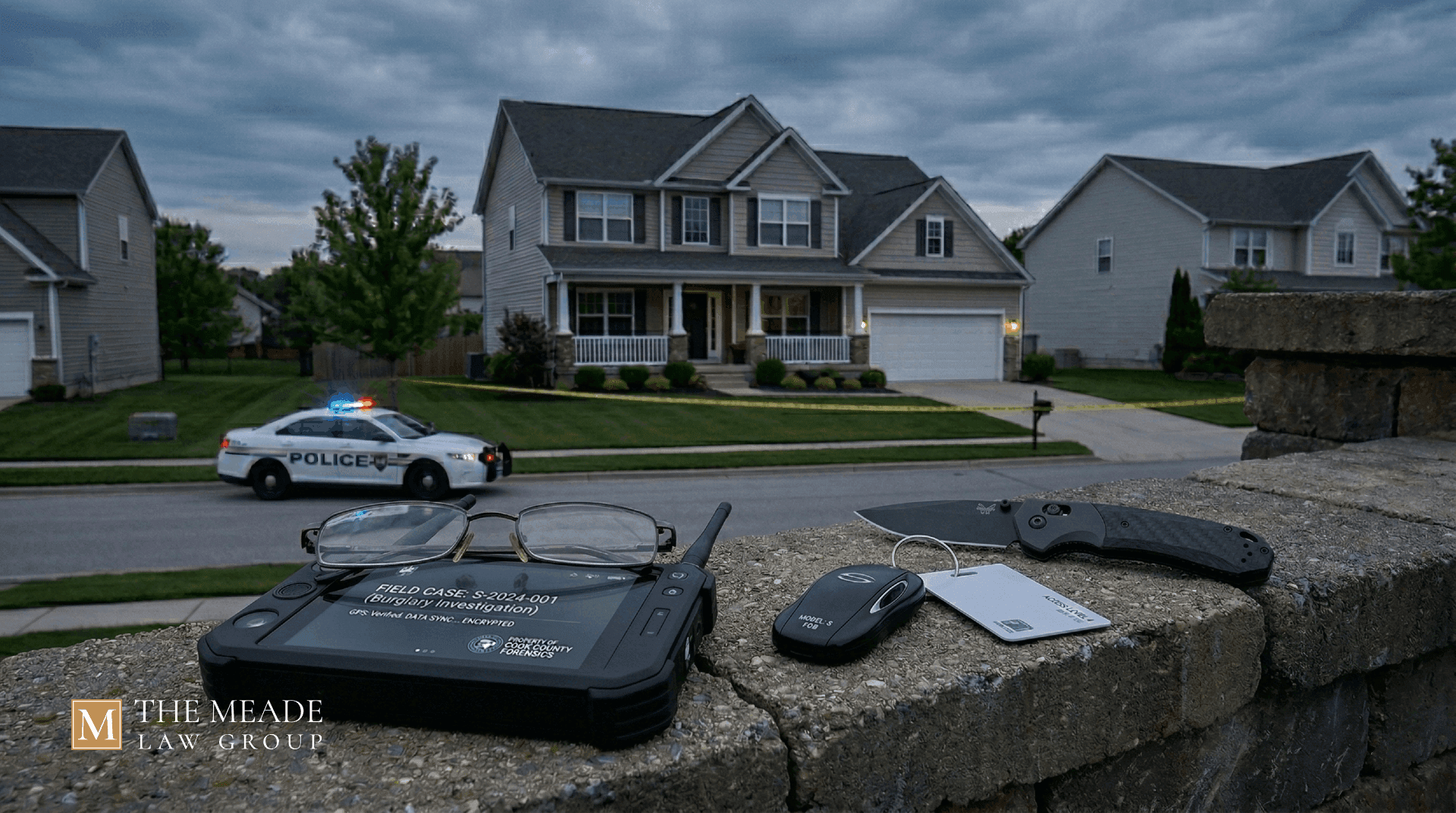 Forensic tablet and evidence at a residential crime scene, representing Ohio burglary charges and investigation.