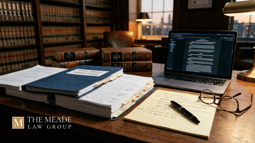 Attorney desk with criminal appeal case file, legal documents, law books, laptop, and notes in an Ohio law office