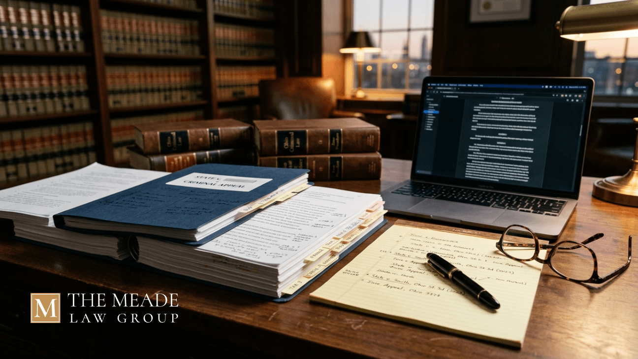 Attorney desk with criminal appeal case file, legal documents, law books, laptop, and notes in an Ohio law office